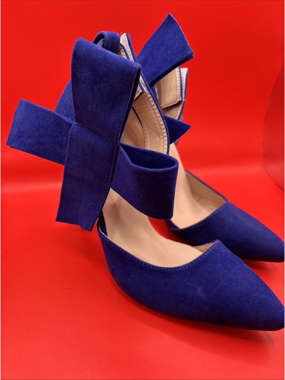 Jo Metté Shoes Women's Blue Suede Pointed Toe High Heel Pumps with Bow Detail